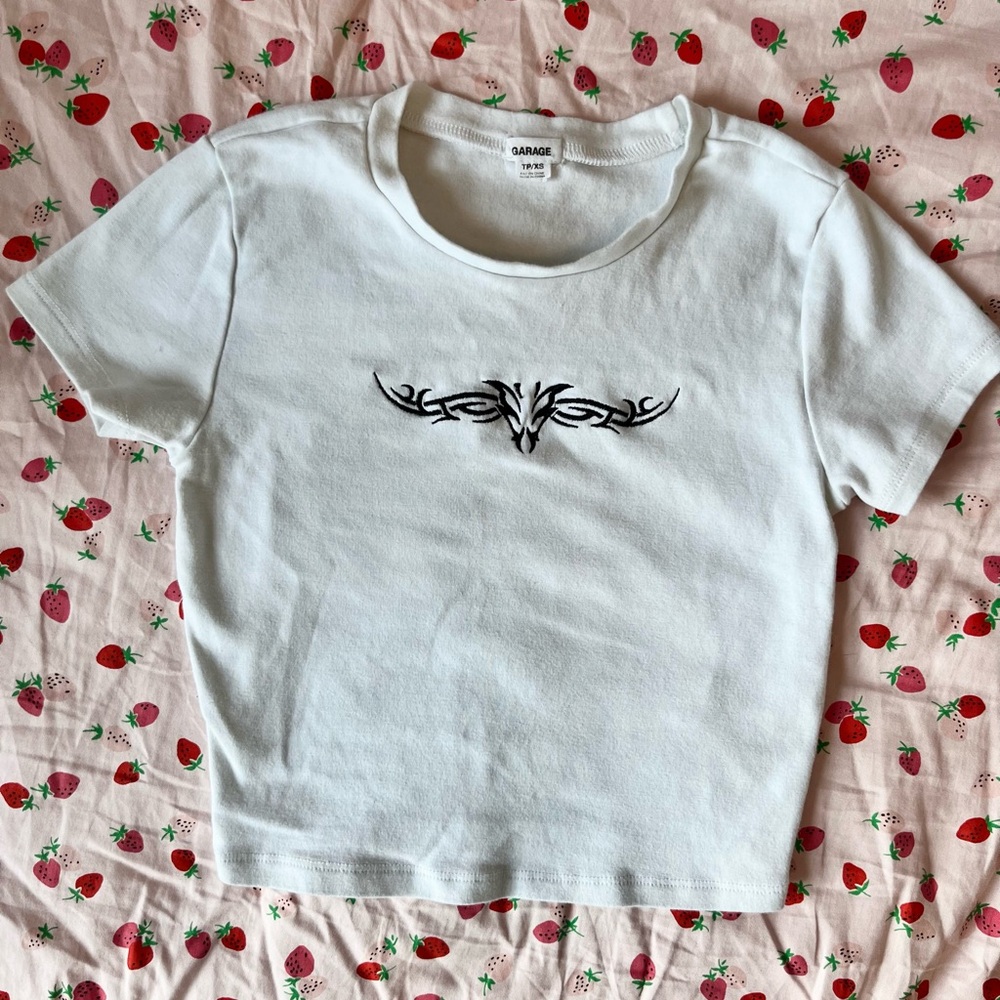 Garage XS White and Black Cropped T Shirt / Baby Tee